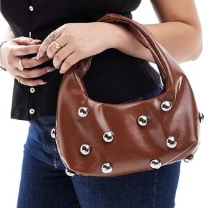 Zara Metallic Studded Tan Shoulder Bag